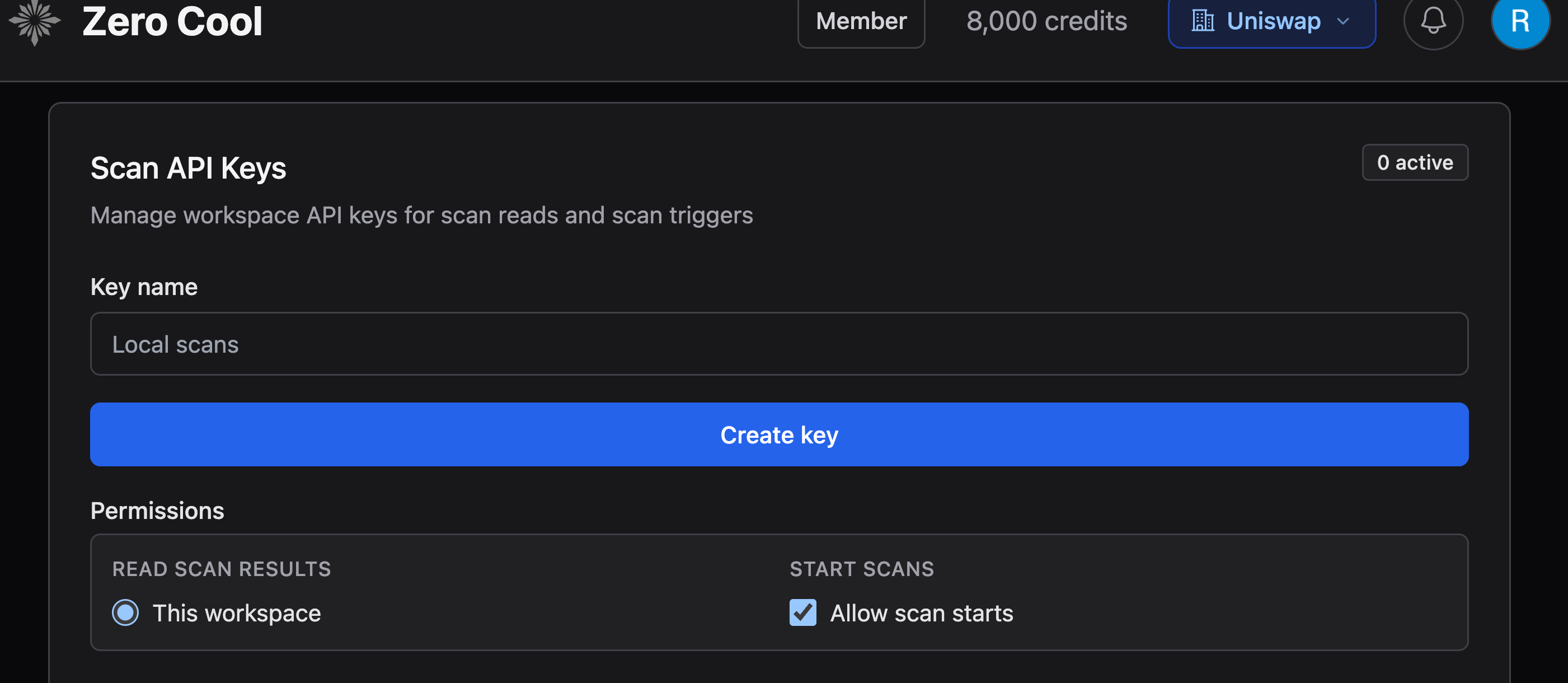 Workspace Administration page showing the Scan API Keys form, key name input, Create key button, and permissions for read access and scan starts.