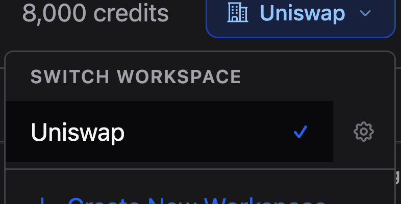 Workspace selector dropdown showing the Uniswap workspace and a gear icon for workspace administration.